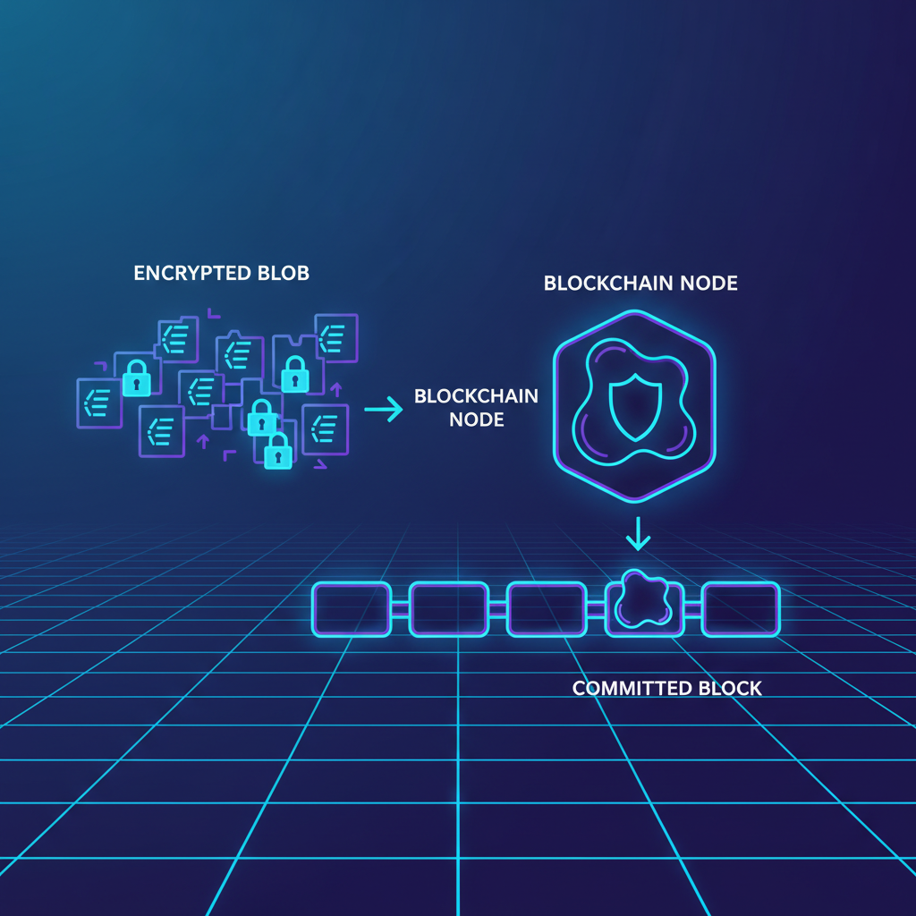committing encrypted blob to blockchain, data stream entering node, neon grid
