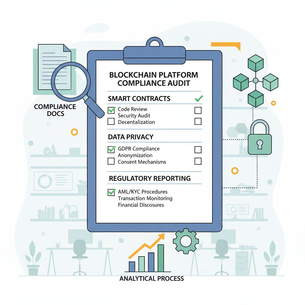 professional checklist auditing blockchain platform compliance documents, modern office, analytical tone