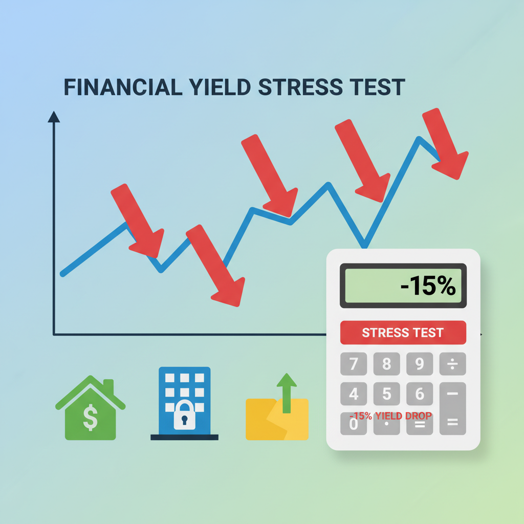 stress testing financial yields graph with red downward arrows, real estate tokens, calculator overlay