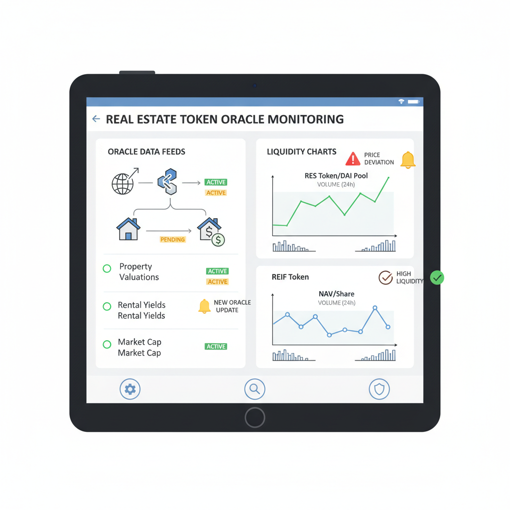 monitoring dashboard with blockchain oracles and liquidity charts for real estate tokens, alert icons