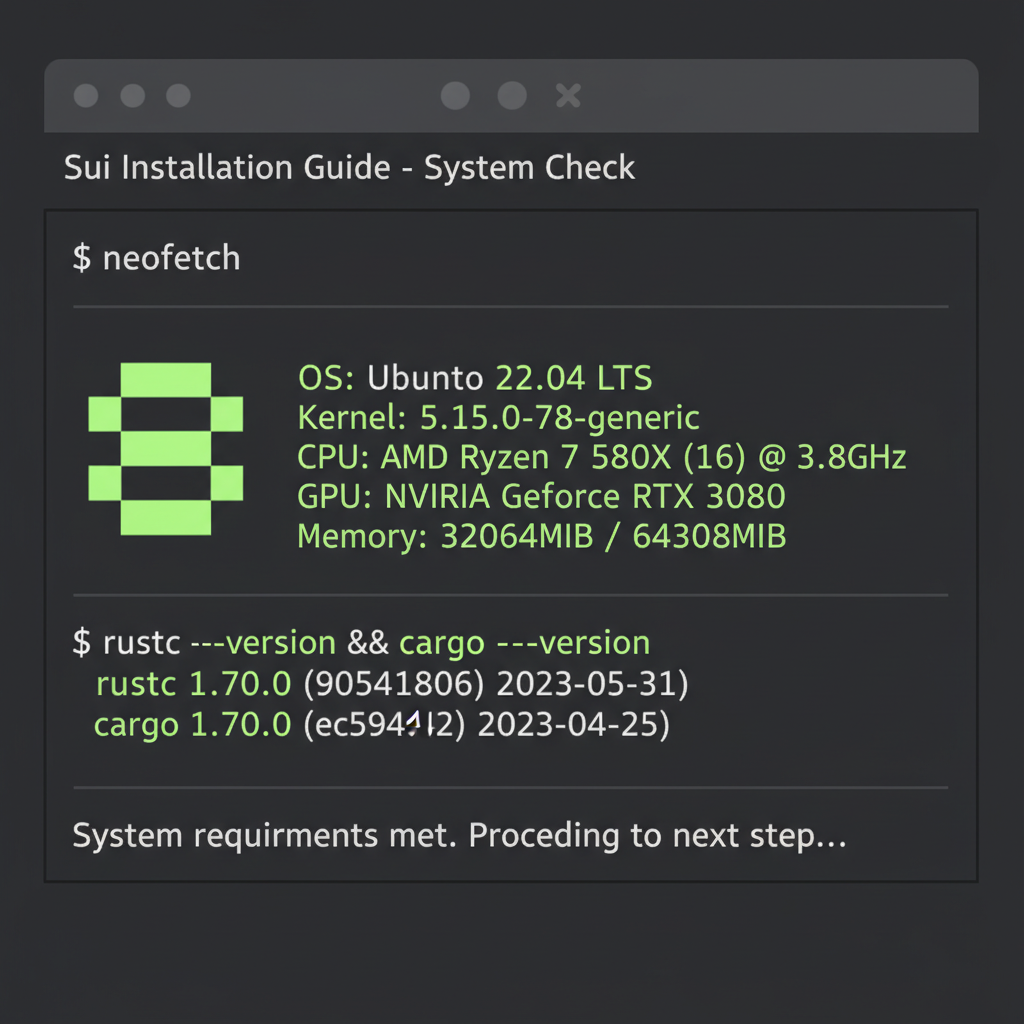 clean terminal screen checking system specs for Sui install, code snippets, dark theme