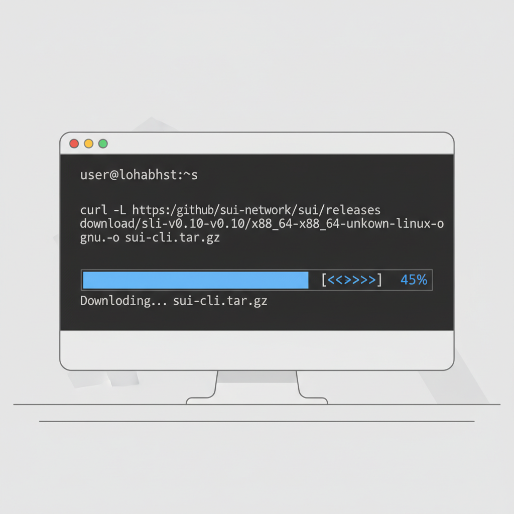 developer downloading Sui CLI tarball in terminal, progress bar, minimalist UI