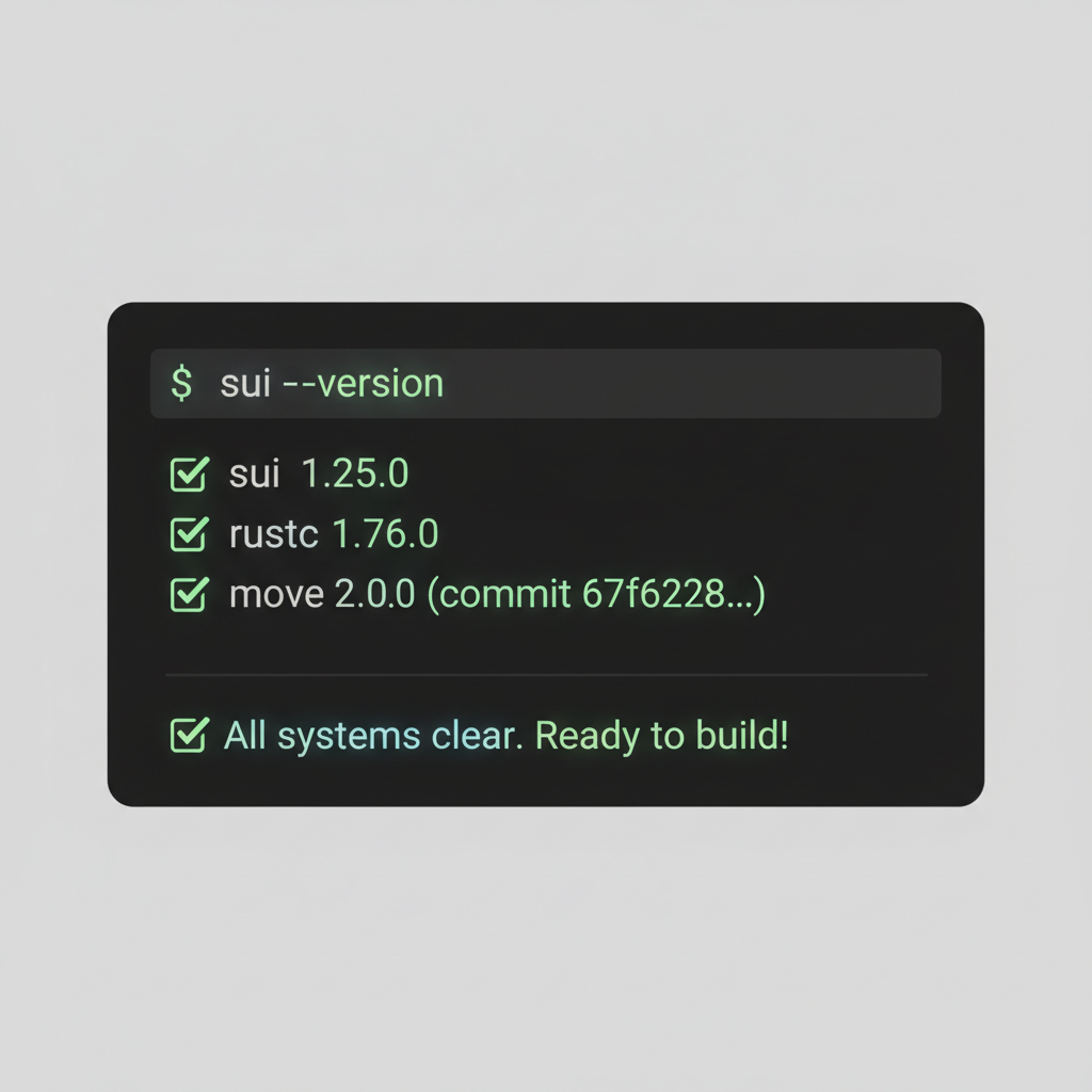 terminal output showing sui --version with Move 2.0, green checkmarks, code glow