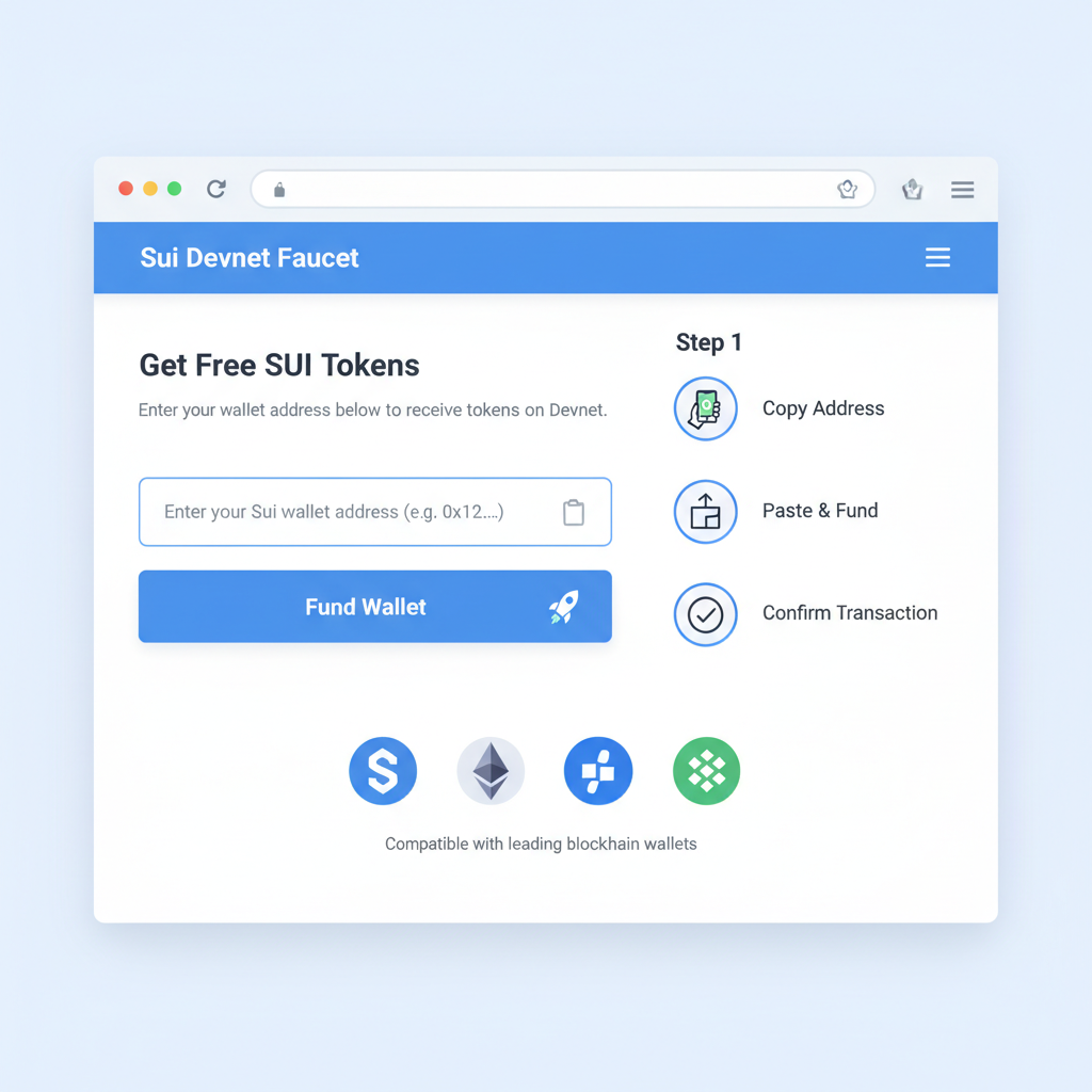 Sui devnet faucet webpage with wallet address input, blockchain icons