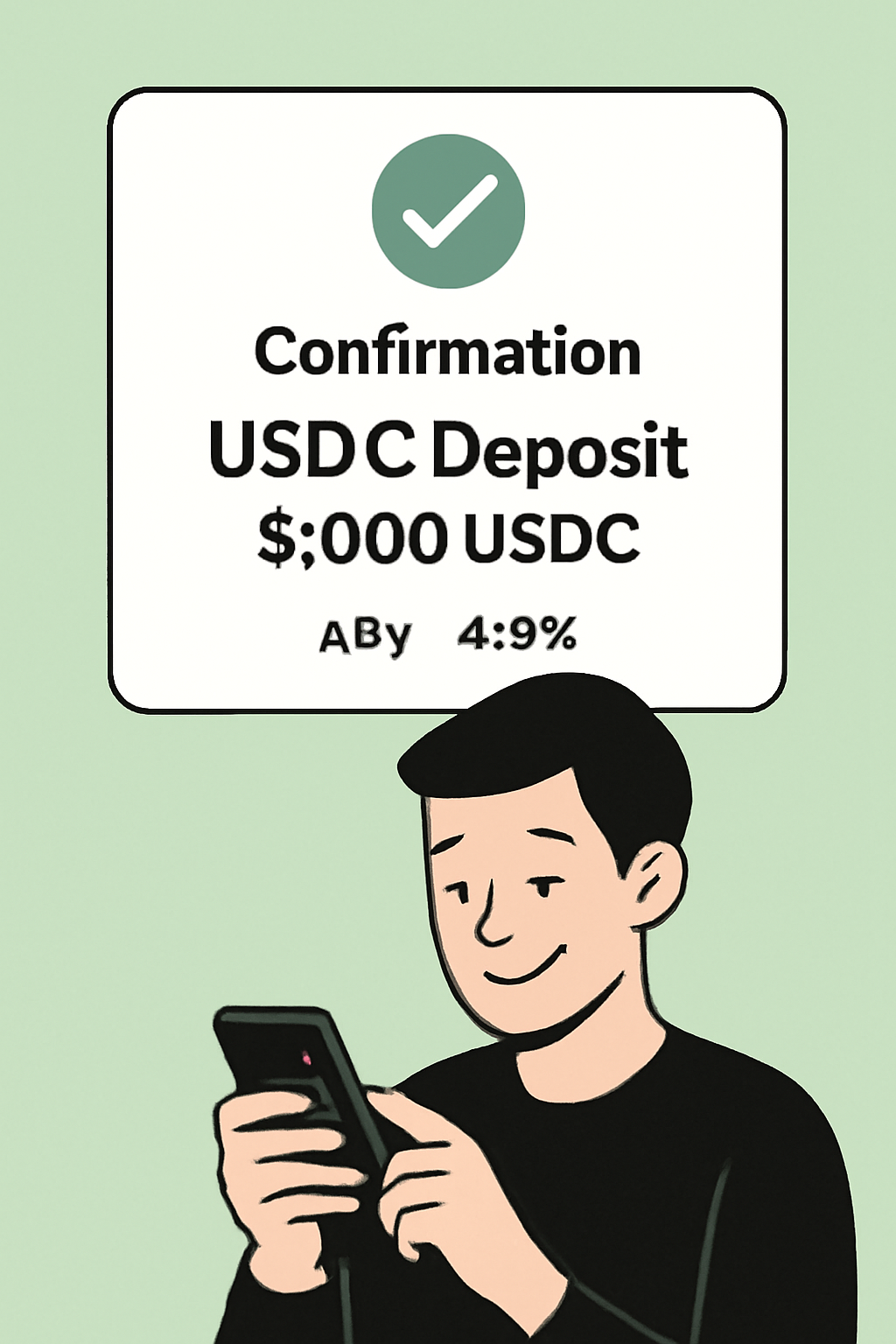 A confirmation screen with a green checkmark, showing a successful USDC deposit and APY details, user smiling at their phone.