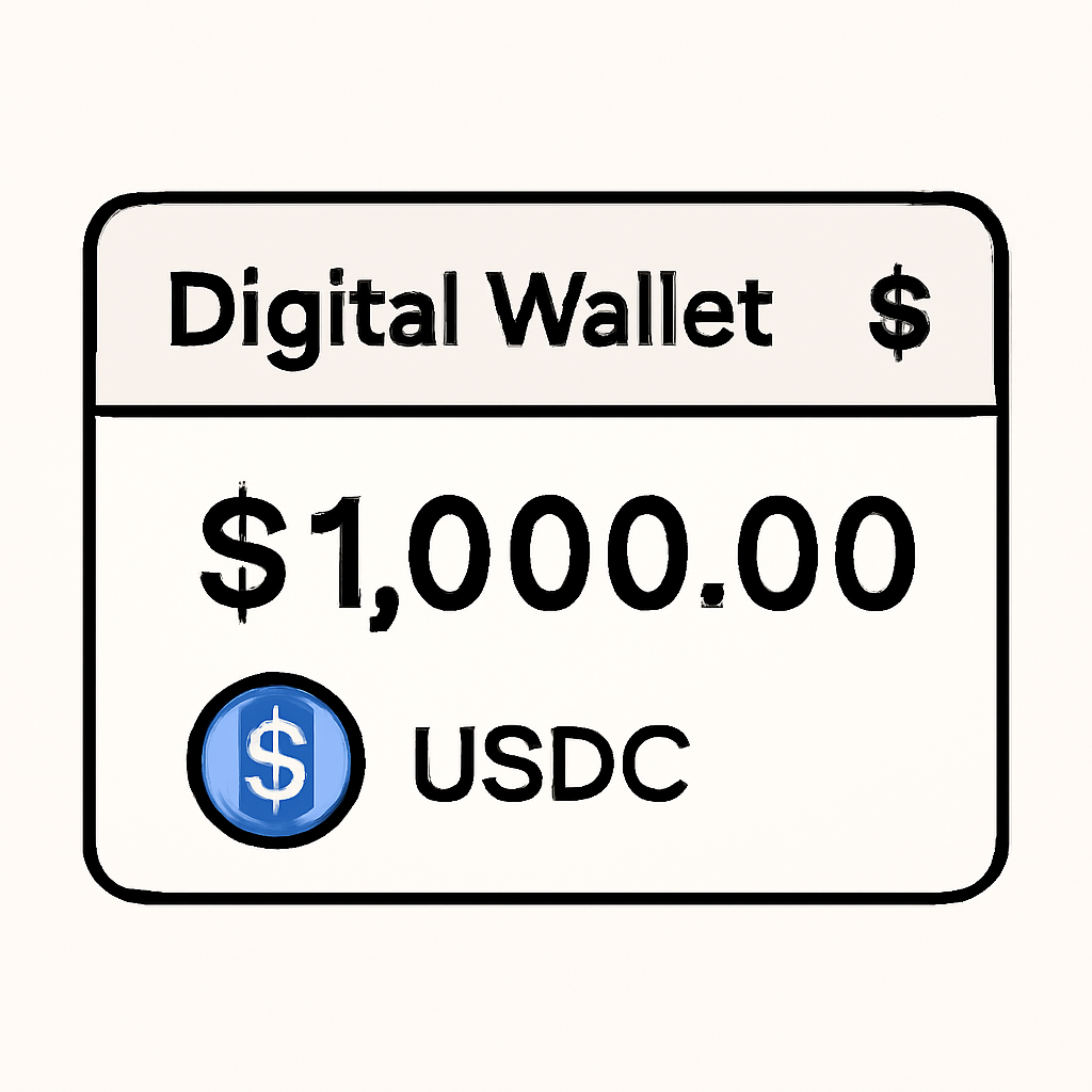 A digital wallet interface showing a USDC balance, with a dollar sign and USDC logo, simple and clear.