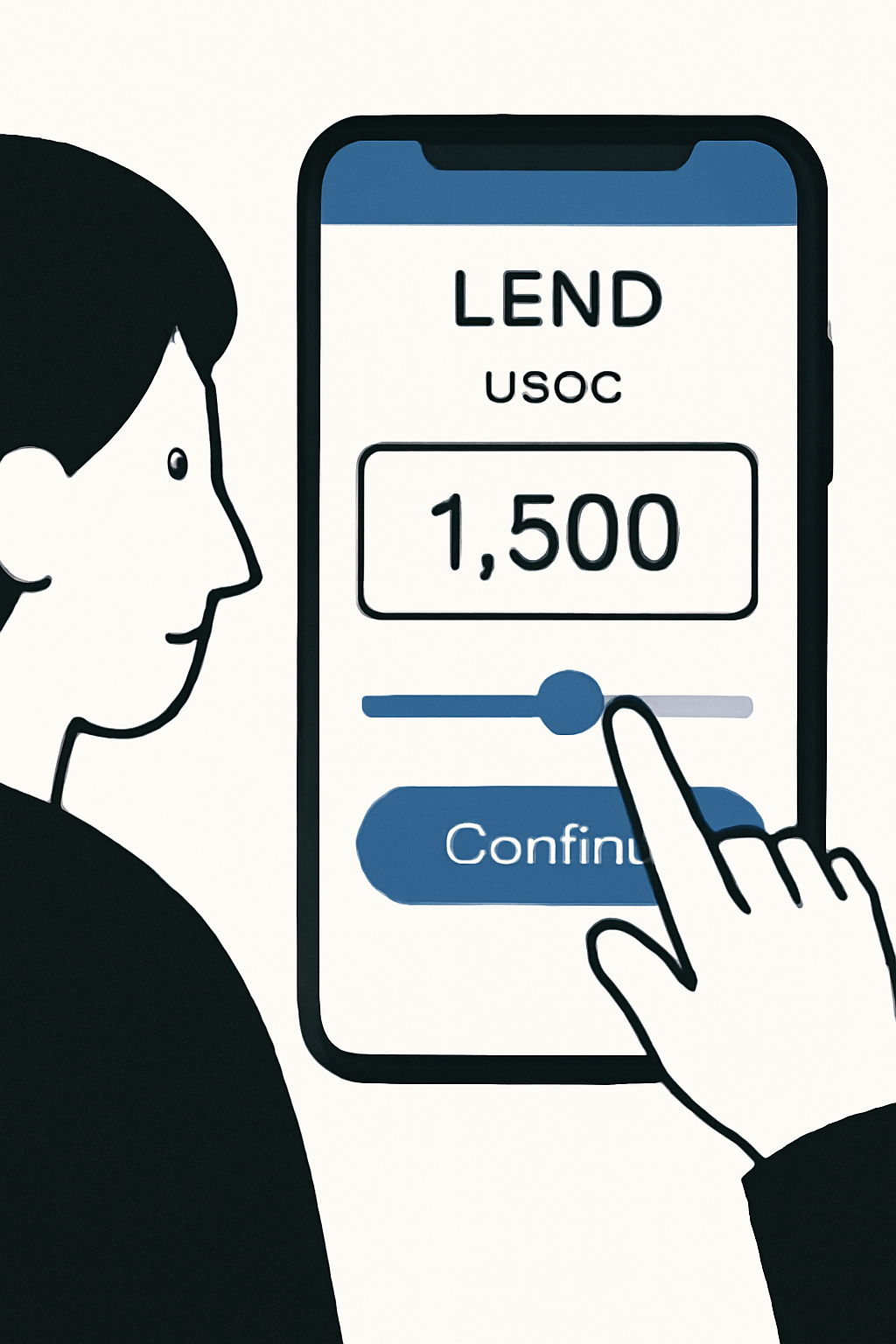 A user entering a USDC amount into a lending form on a smartphone, with a slider and confirm button.