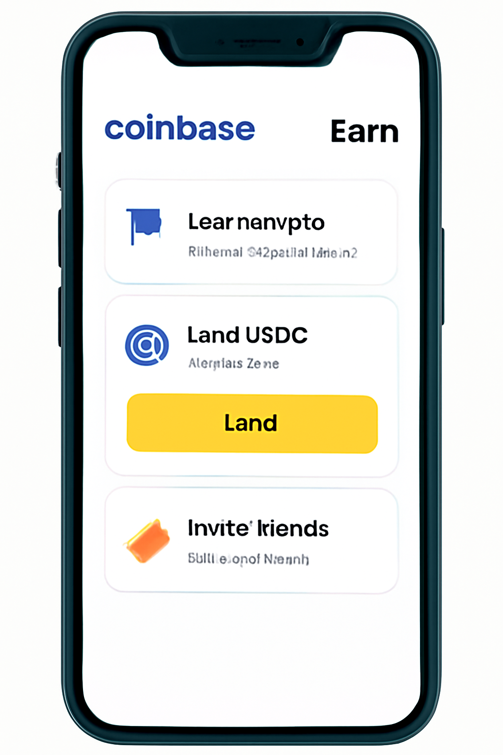 A smartphone screen displaying the Coinbase app's 'Earn' section, highlighting the 'Lend USDC' option with a bright button.