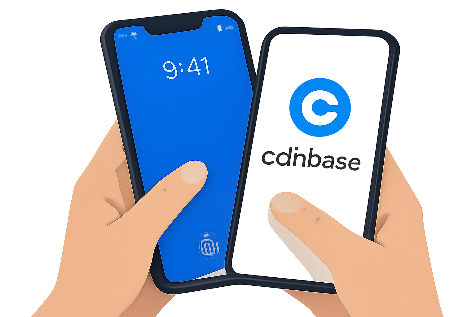 A person unlocking their smartphone and opening the Coinbase app, with a clear Coinbase logo on the screen, modern and clean interface.