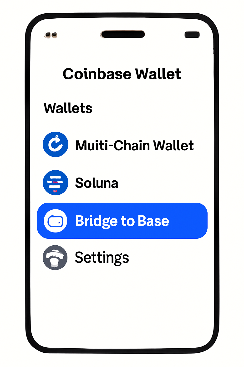 A mobile app screen showing the 'Bridge to Base' option highlighted in the Coinbase Wallet interface.