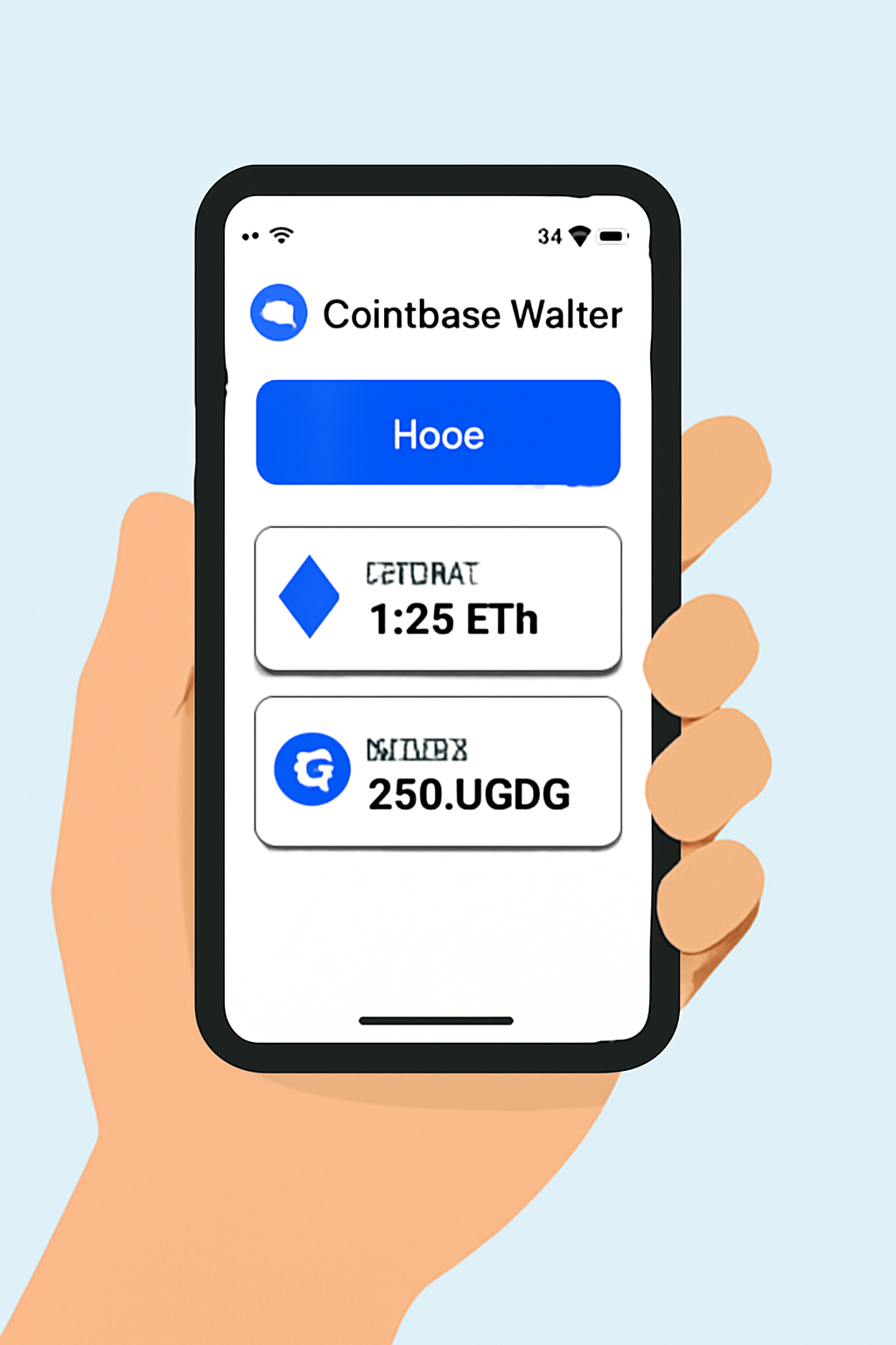 A hand holding a smartphone displaying the Coinbase Wallet app home screen, with ETH and USDC balances visible.