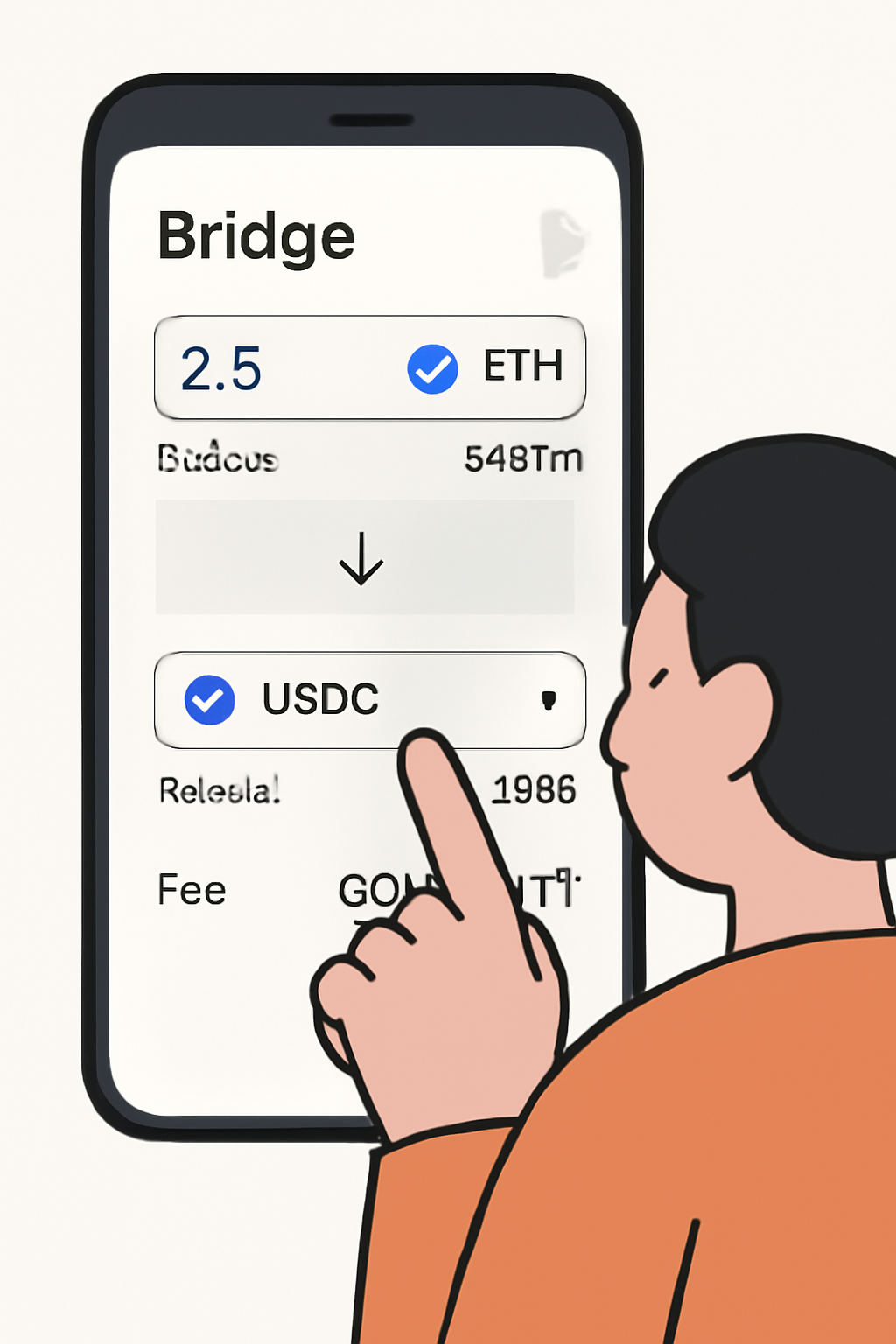 A user inputting the amount of ETH or USDC to bridge, with current balances and fees displayed on the app screen.