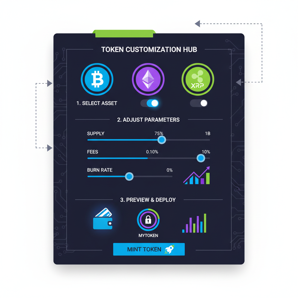 token customization interface with crypto icons and sliders, vibrant wallet elements, high-tech dashboard