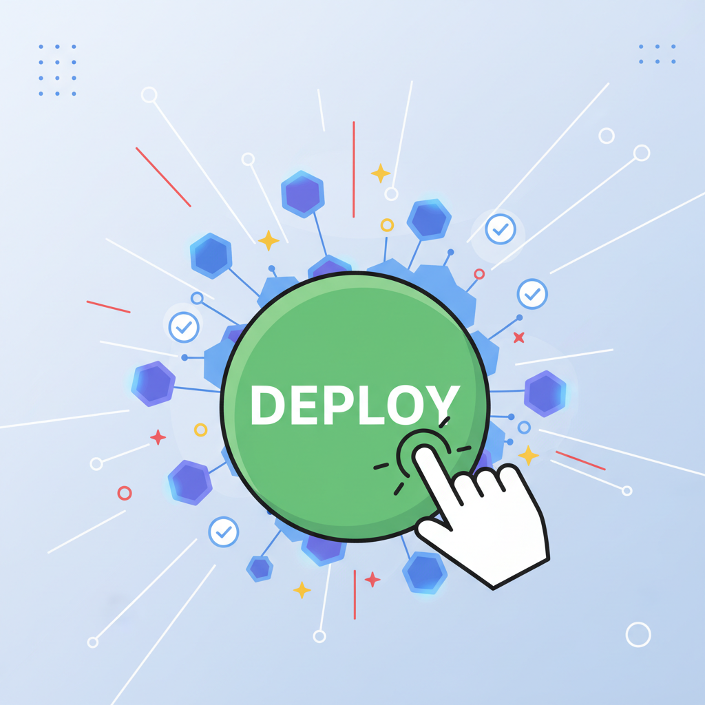 big green deploy button being clicked, explosion of blockchain links and confirmations, celebratory sparks