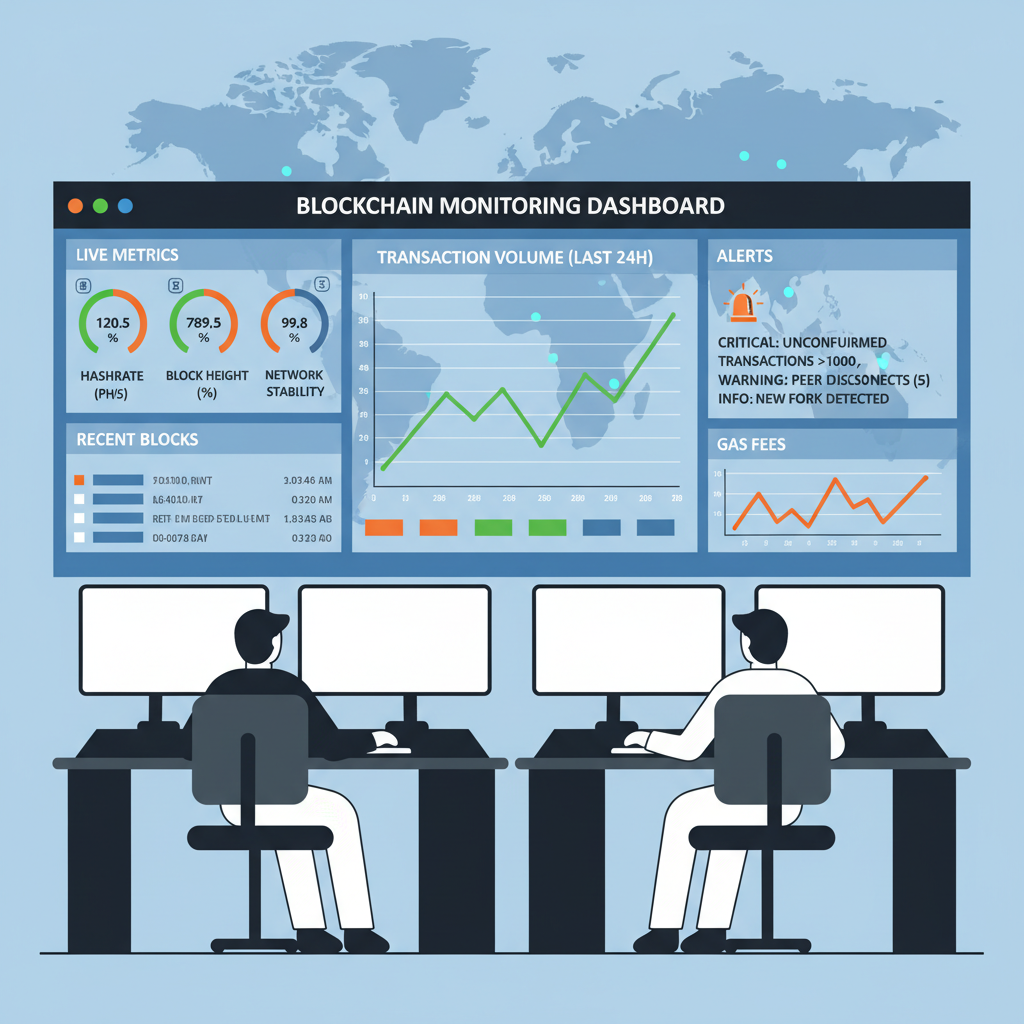 monitoring dashboard with live blockchain metrics, graphs and alerts, professional control center view