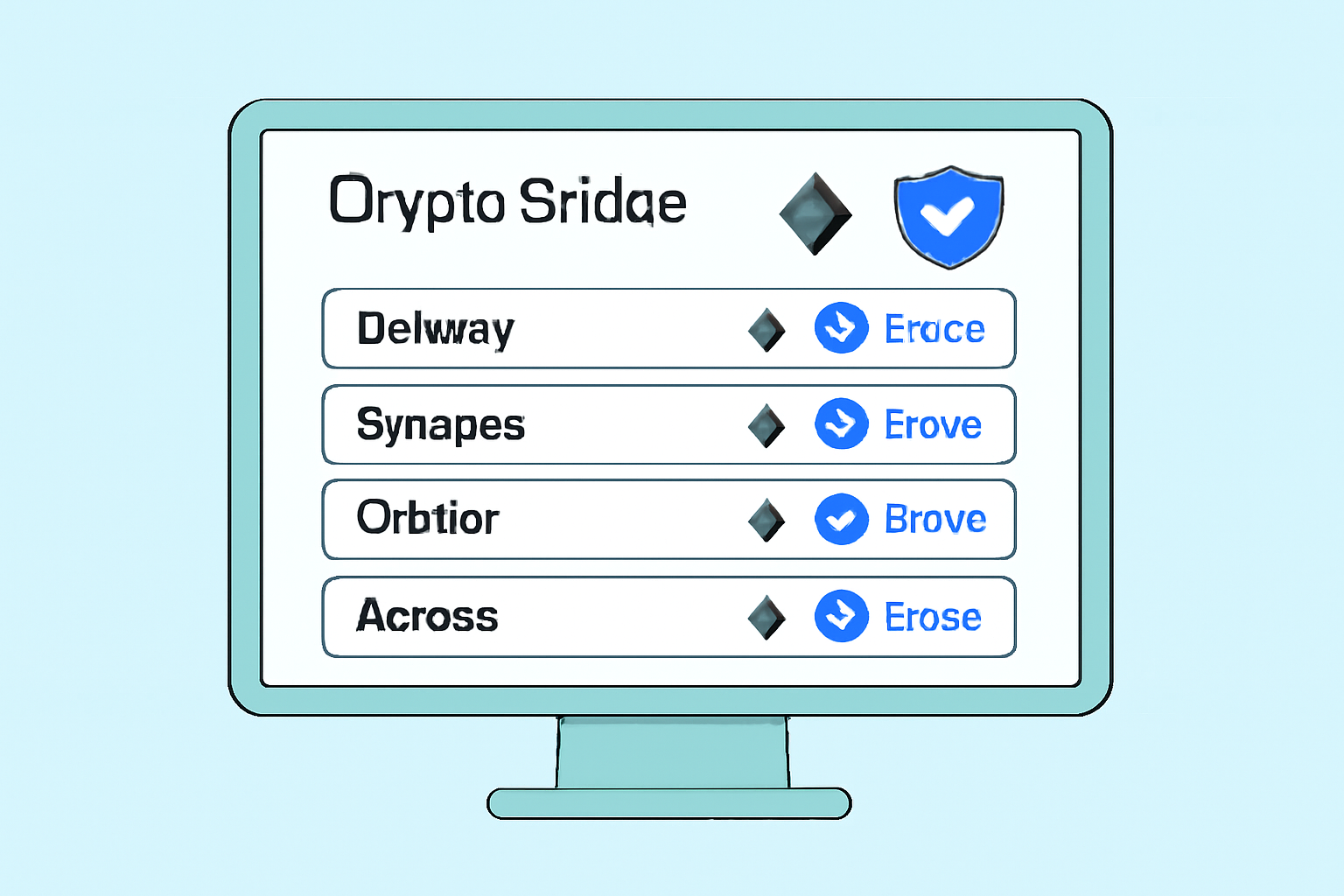 A computer screen displaying several crypto bridge platforms (Defiway, Synapse, Orbiter, Across, Celer) with Ethereum and Base logos, emphasizing security and user interface.