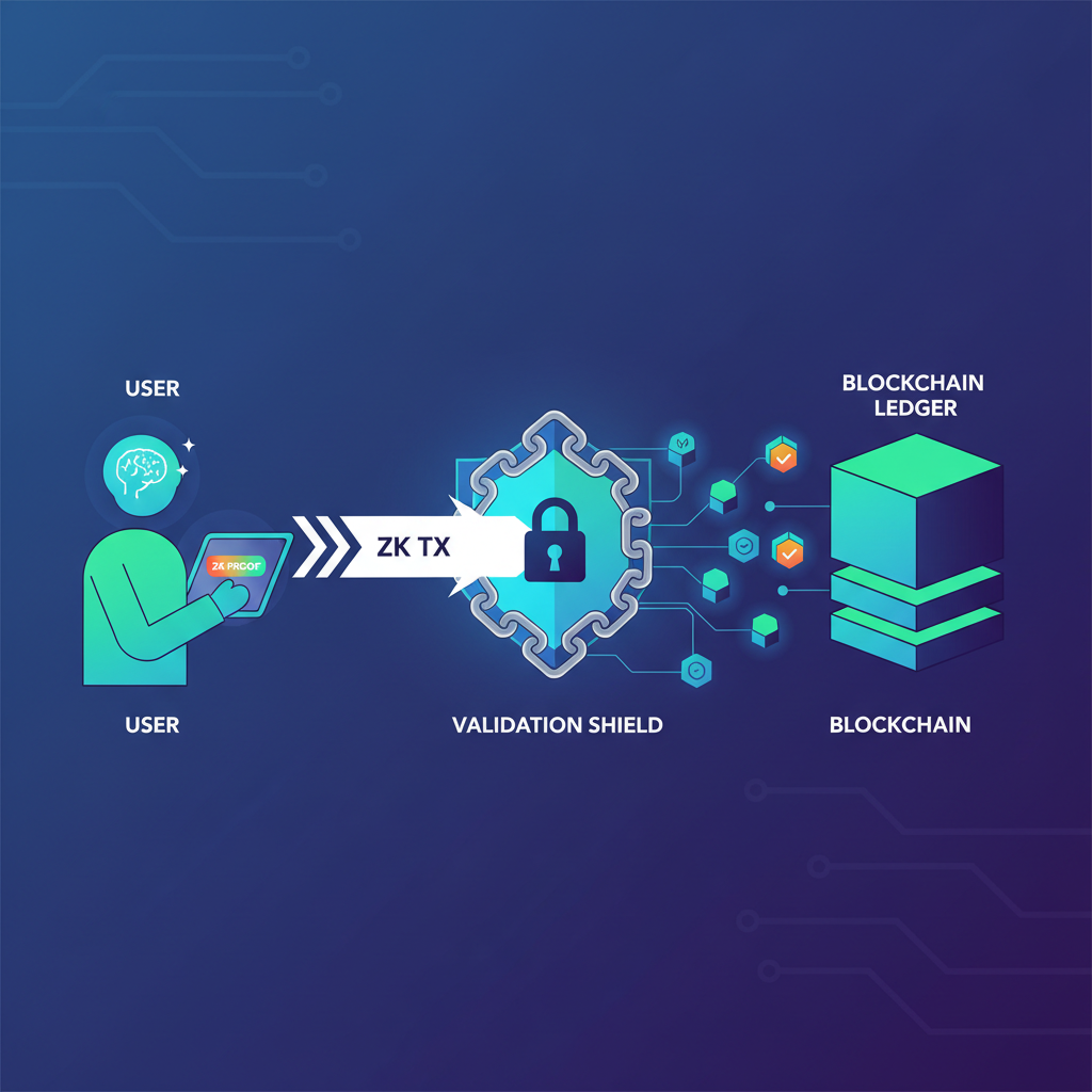 user submitting zk proof transaction to blockchain, chain links forming shield, transaction speeding through nodes, bold futuristic