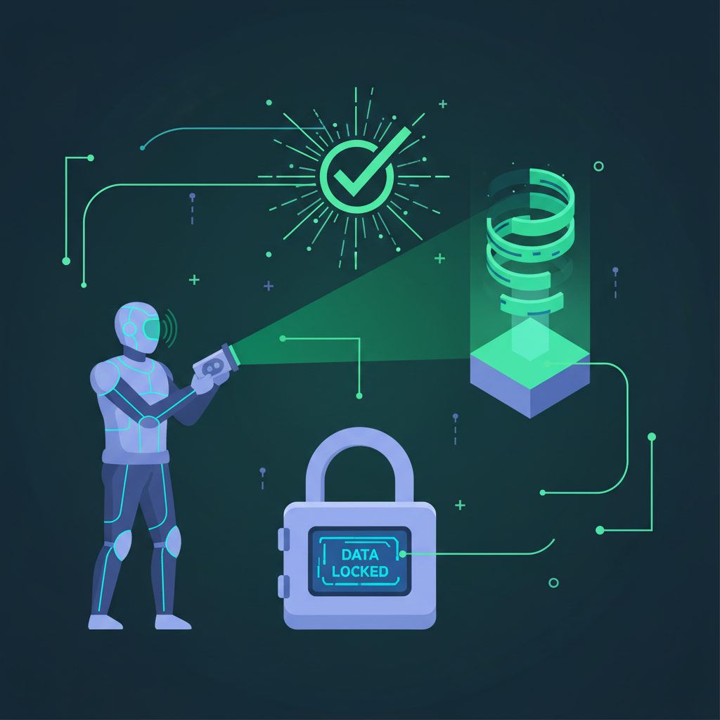 smart contract verifier scanning zk proof on blockchain, green checkmark exploding, data locked in vault, high-tech verification scene