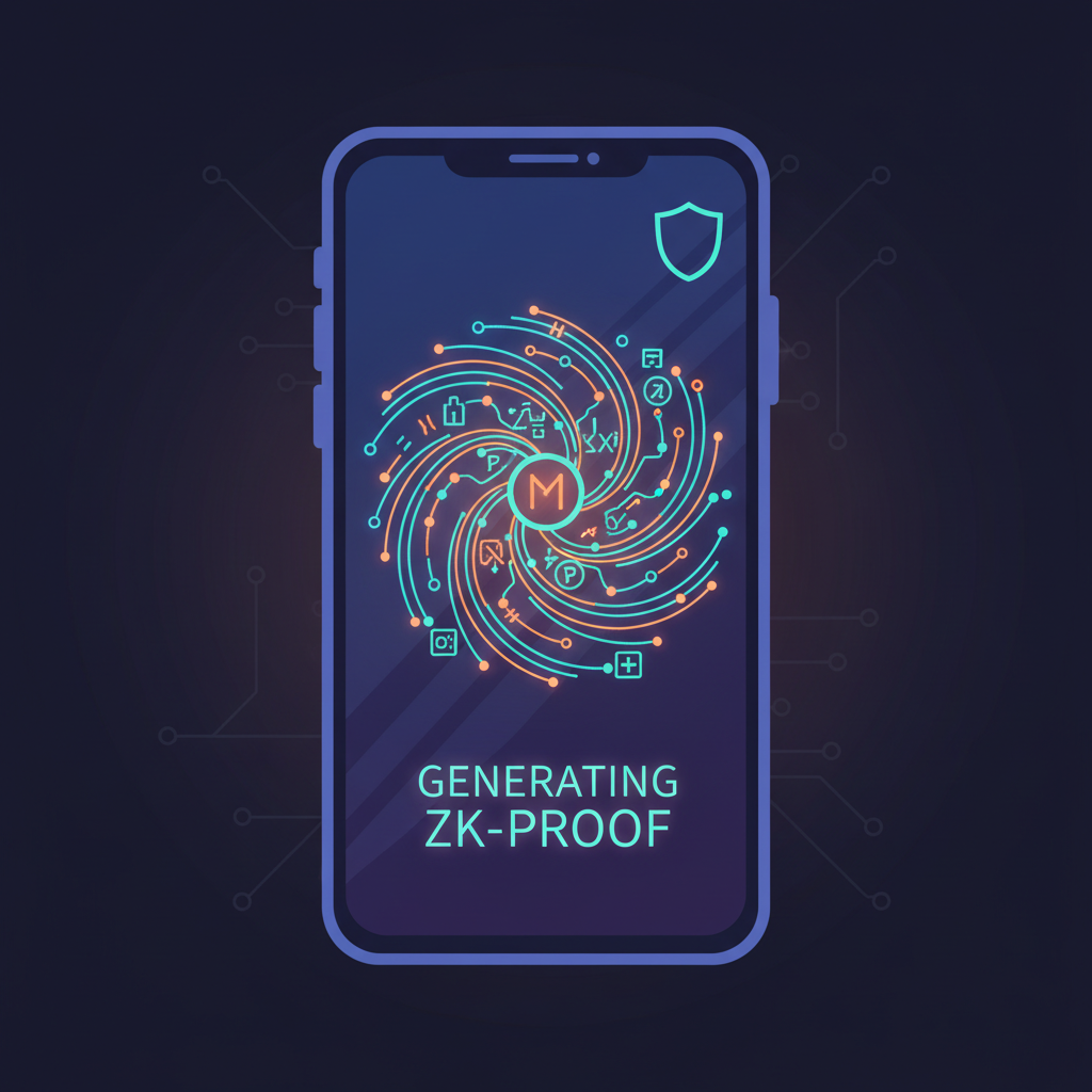 mobile zk wallet generating glowing zero knowledge proof, cryptographic circuits lighting up, privacy shield icon, vibrant digital art