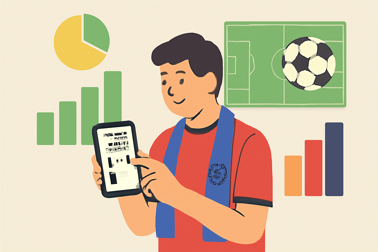 A fan using their phone to vote in a club poll, charts and soccer graphics in the background.