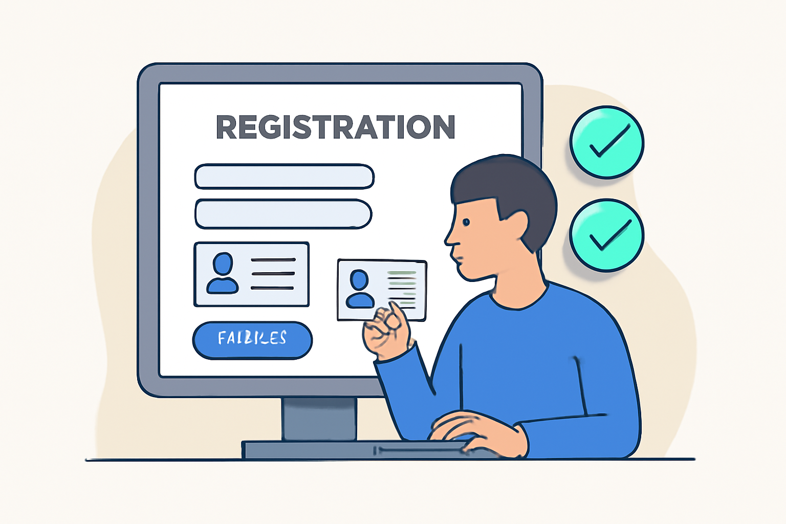 A user filling out a registration form online, uploading an ID, with verification checkmarks appearing.