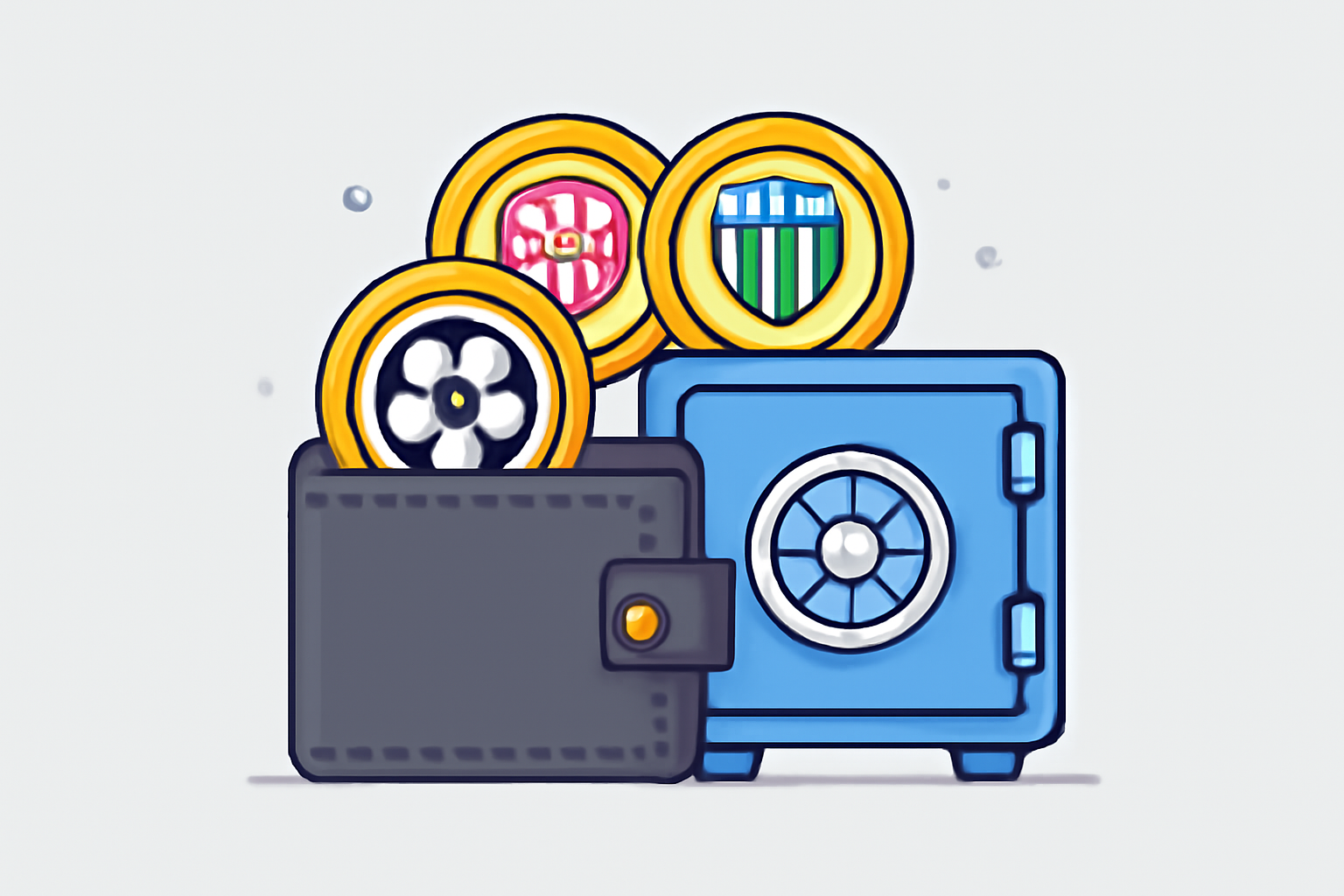 A digital vault or secure wallet holding soccer fan tokens with club emblems.