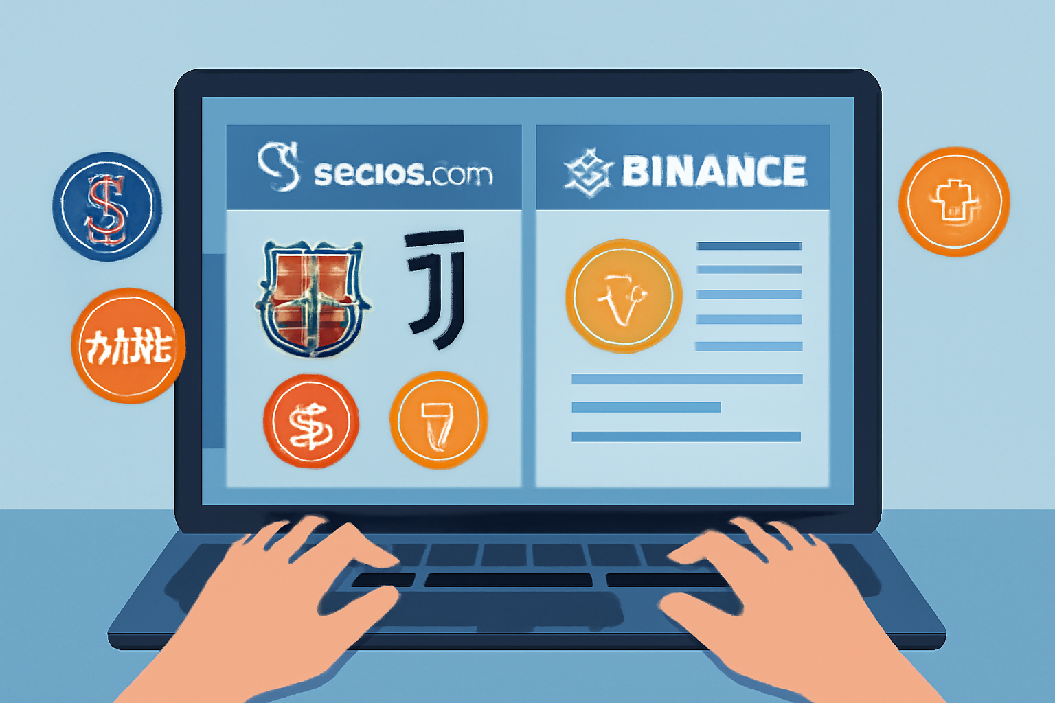 A person comparing Socios.com and Binance websites on a laptop, with soccer team logos and digital tokens visible.