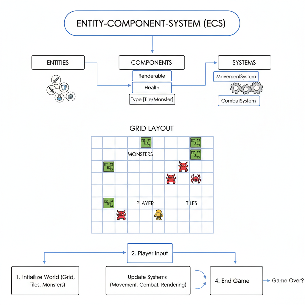 diagram of ECS components for roguelike dungeon: tiles, monsters, grid layout, technical flowchart
