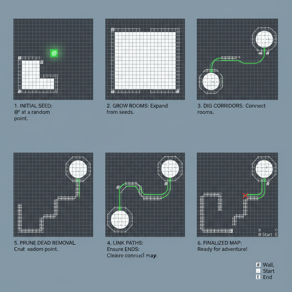 procedural dungeon map generation visualization, ASCII grid evolving from seed