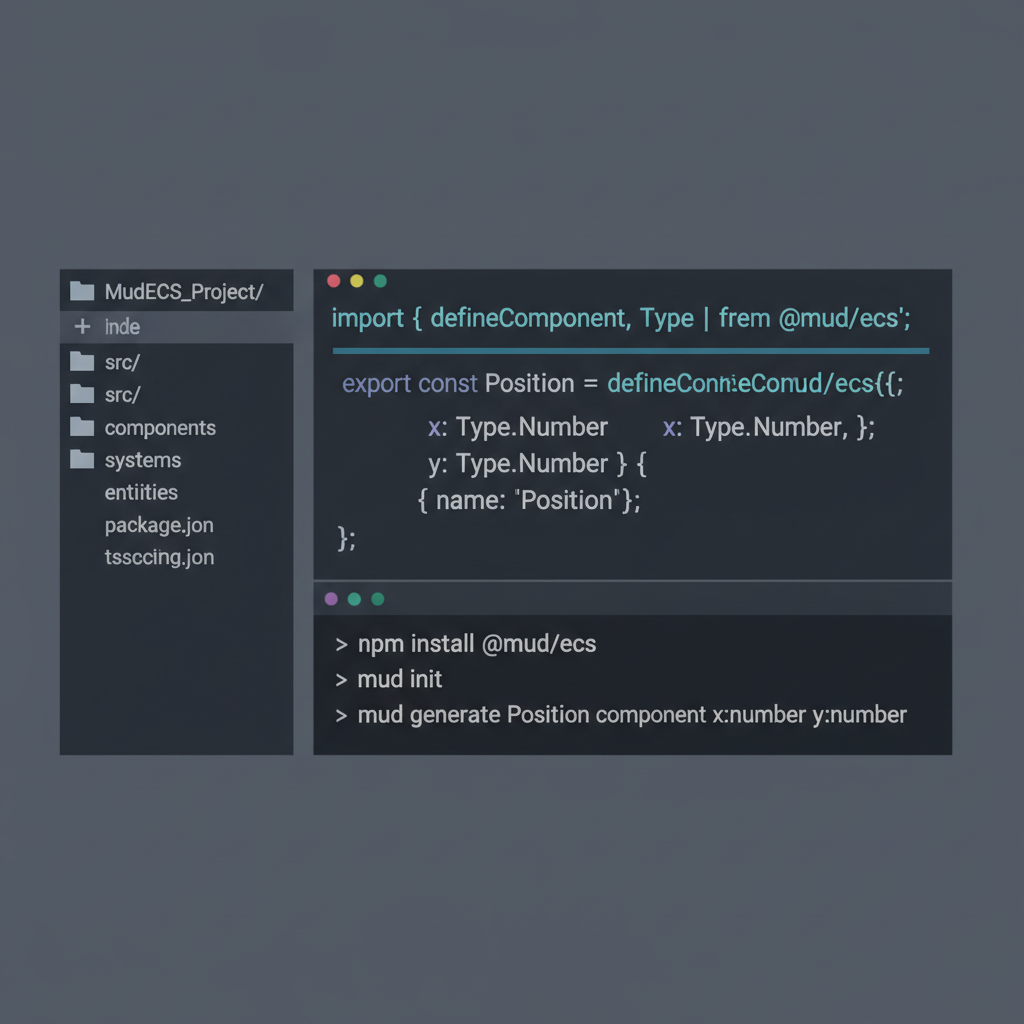 minimalist code editor with Mud ECS project setup, terminal command line, dark theme