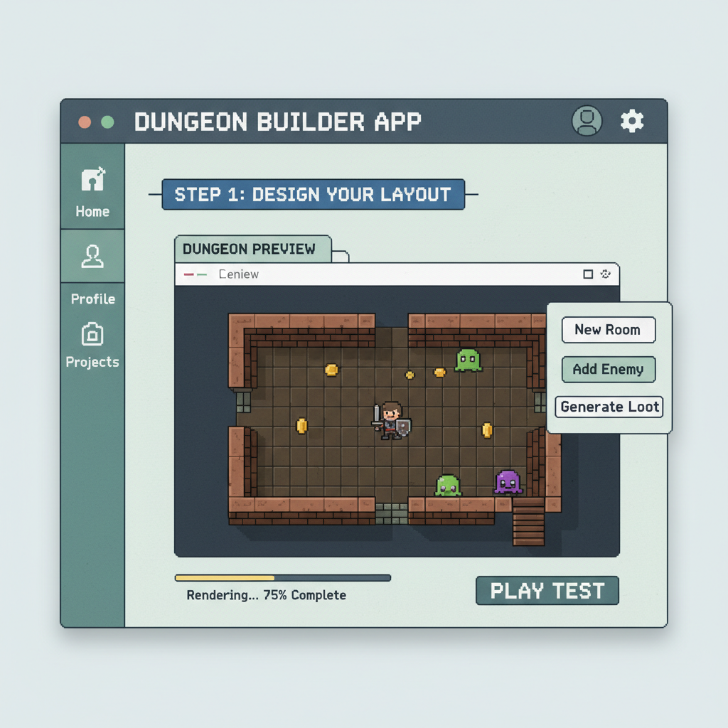web app dashboard showing roguelike dungeon rendered in browser, pixel art style