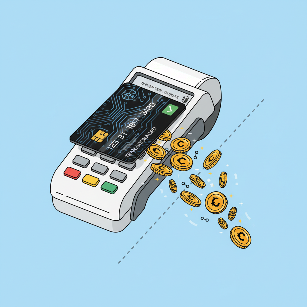 sleek crypto credit card swiped at POS terminal, digital reward coins exploding out