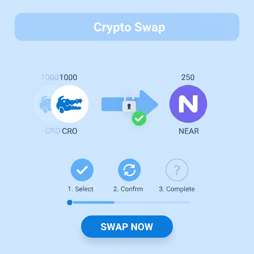 mobile app screen showing crypto swap from CRO to NEAR, smooth exchange animation