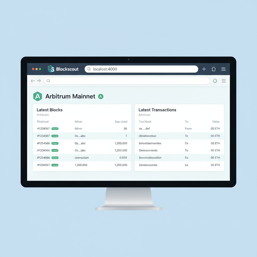 web browser on localhost showing Blockscout dashboard with Arbitrum blocks, clean blockchain explorer UI