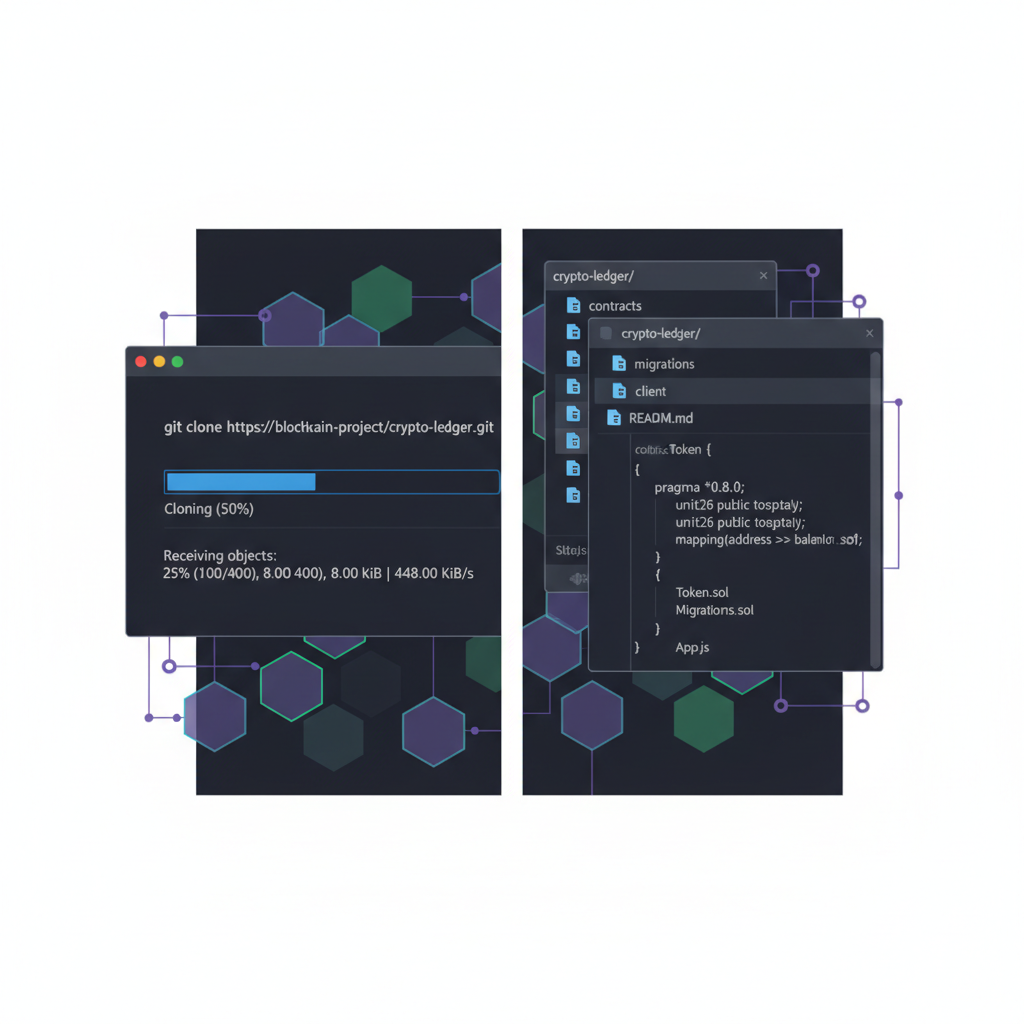 Git terminal cloning repository with progress bar, code files opening in VS Code, blockchain theme