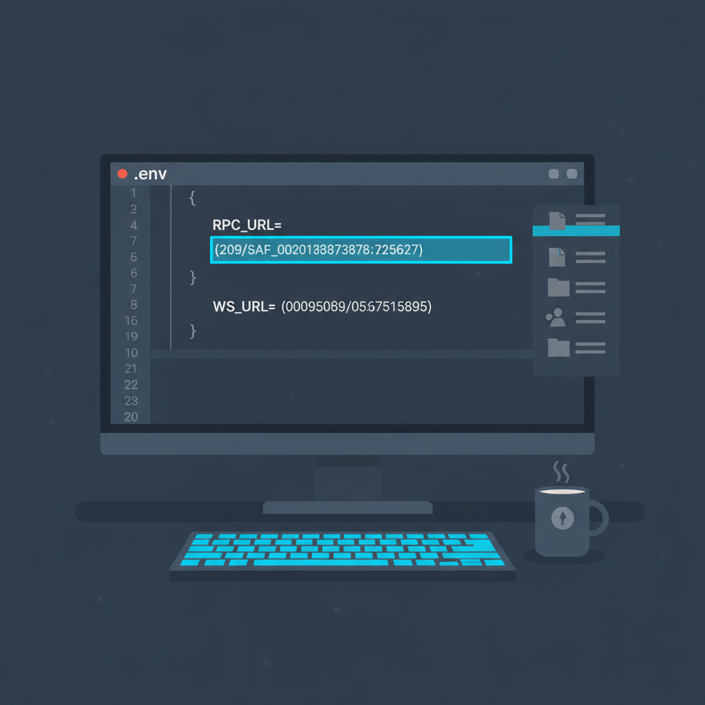 code editor with .env file open, RPC and WS URLs highlighted, dark mode, developer workspace