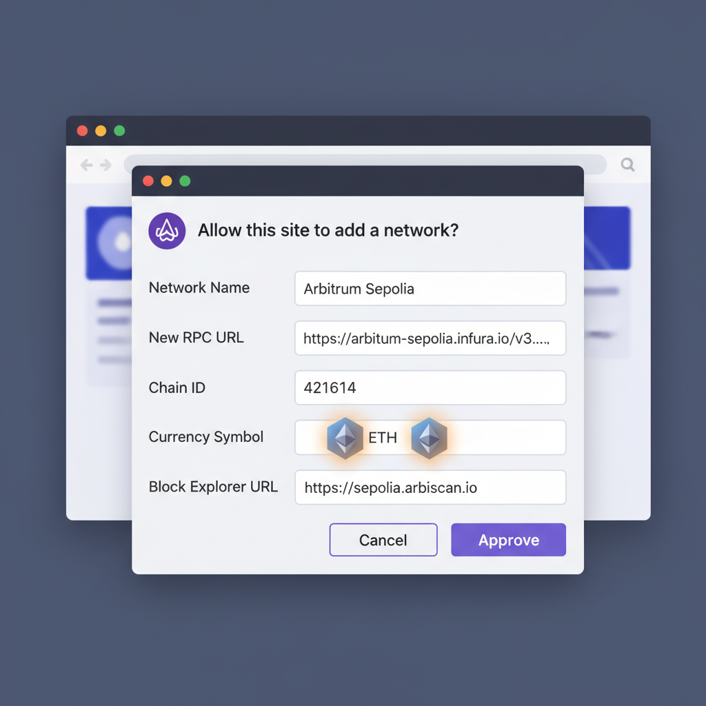 MetaMask popup adding custom Arbitrum Sepolia network, wallet interface, Ethereum icons glowing