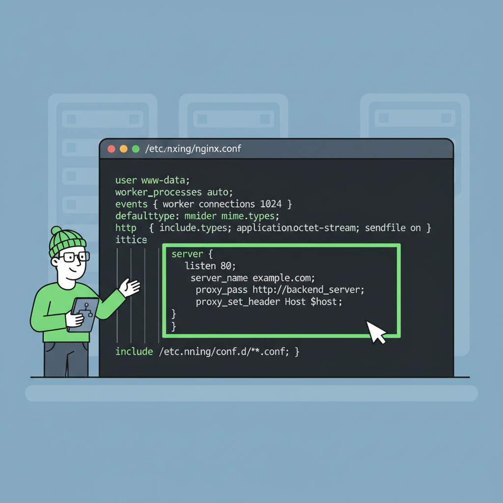 nginx config file editing in terminal, reverse proxy setup, server block highlighted, sysadmin aesthetic