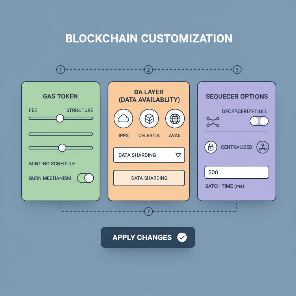 control panel customizing blockchain gas token, DA layer, sequencer options