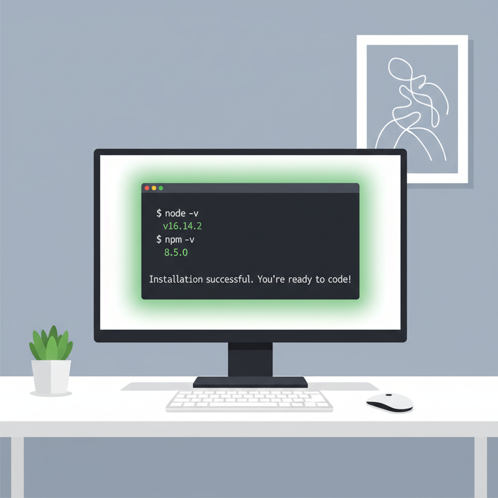 clean terminal screen displaying successful Node.js installation verification, developer desk setup, minimalist style