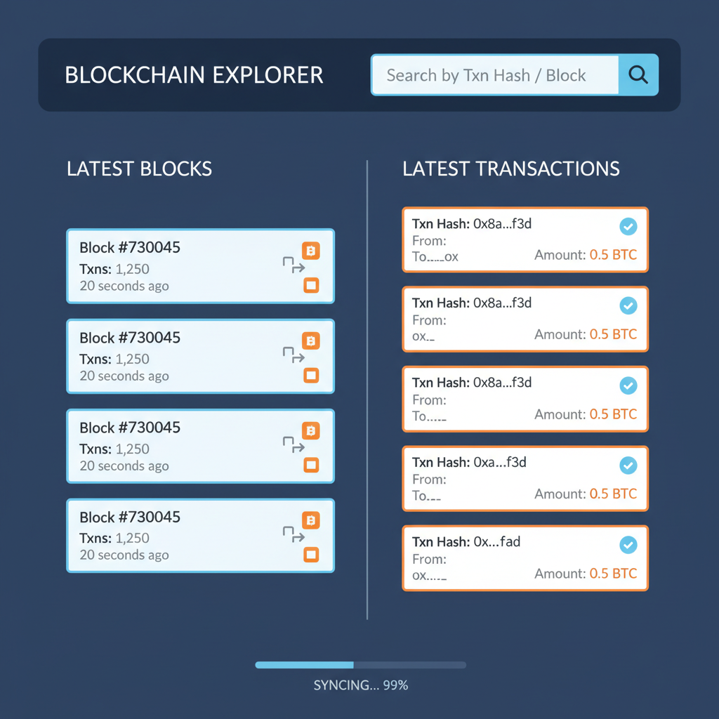 blockchain explorer dashboard displaying transactions and blocks