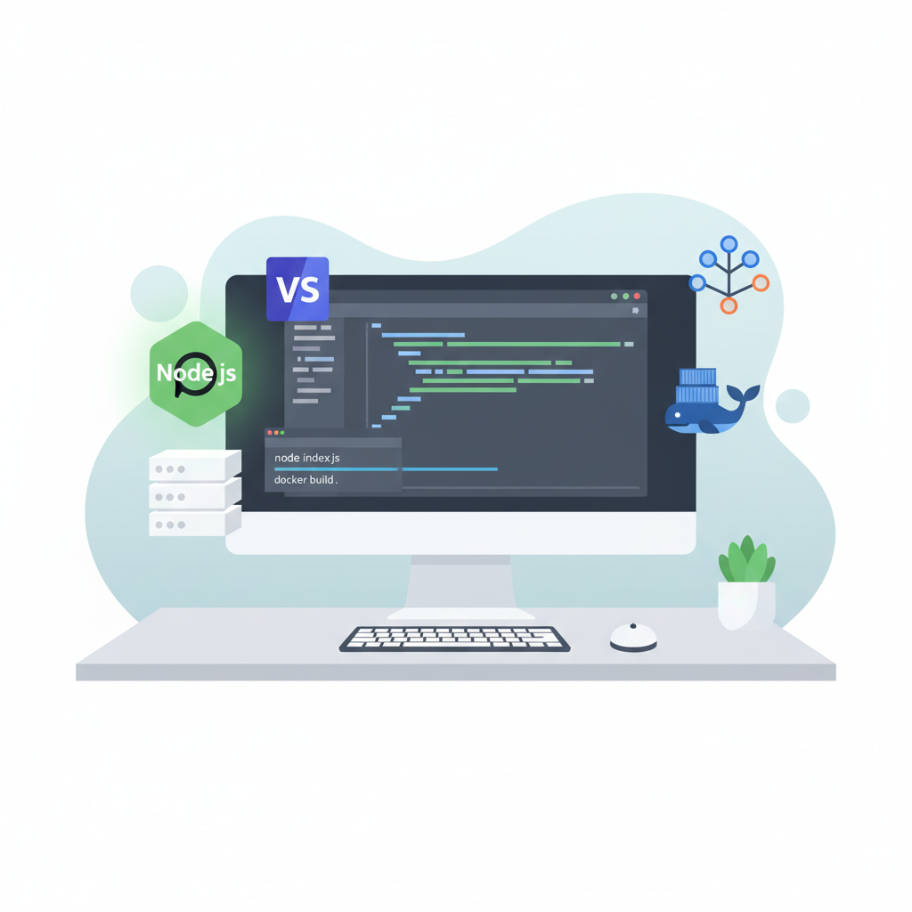 developer workstation with VS Code, Node.js, Docker, Git icons, clean modern setup