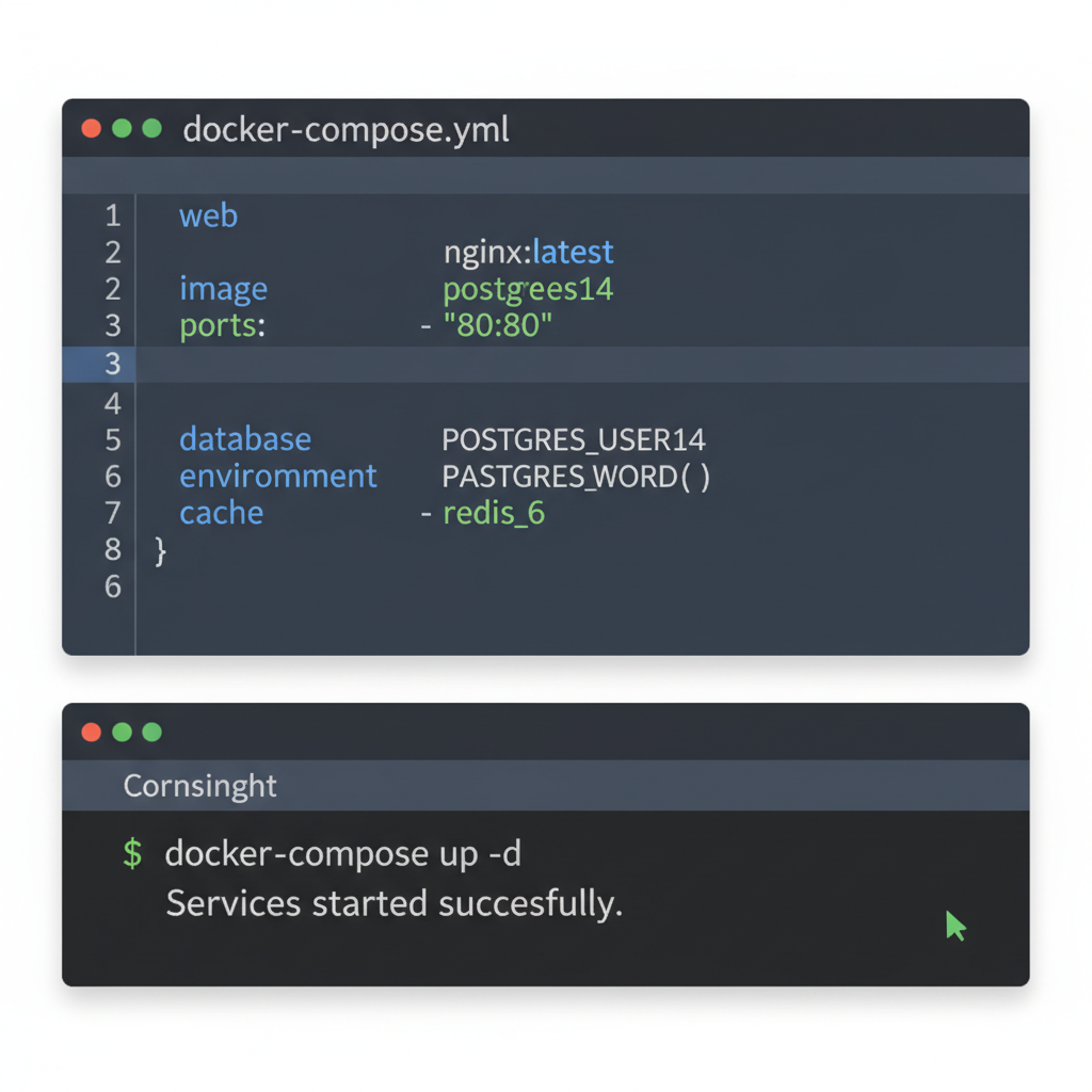 docker-compose.yml file in VS Code, services listed, yaml syntax highlighted, modern terminal below