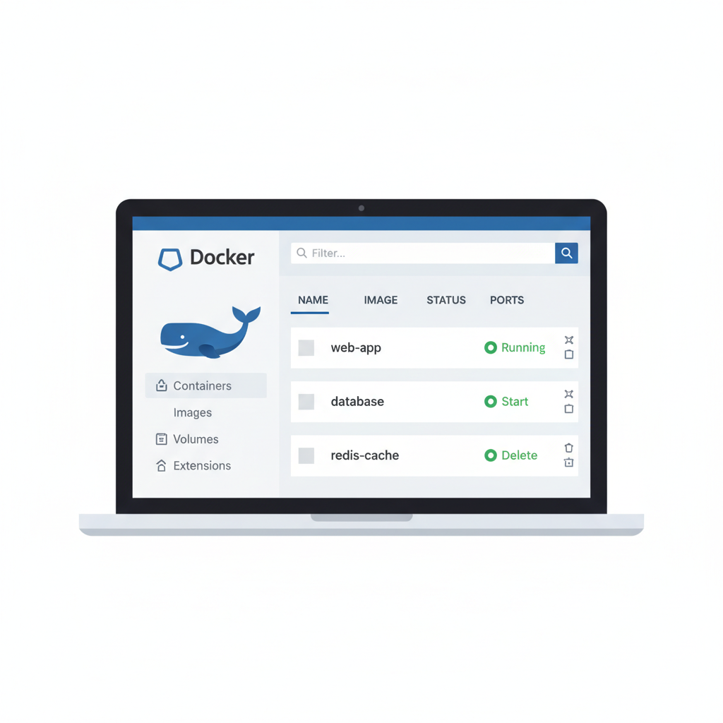 Docker Desktop dashboard showing running containers, whale icon prominent, modern UI on laptop screen