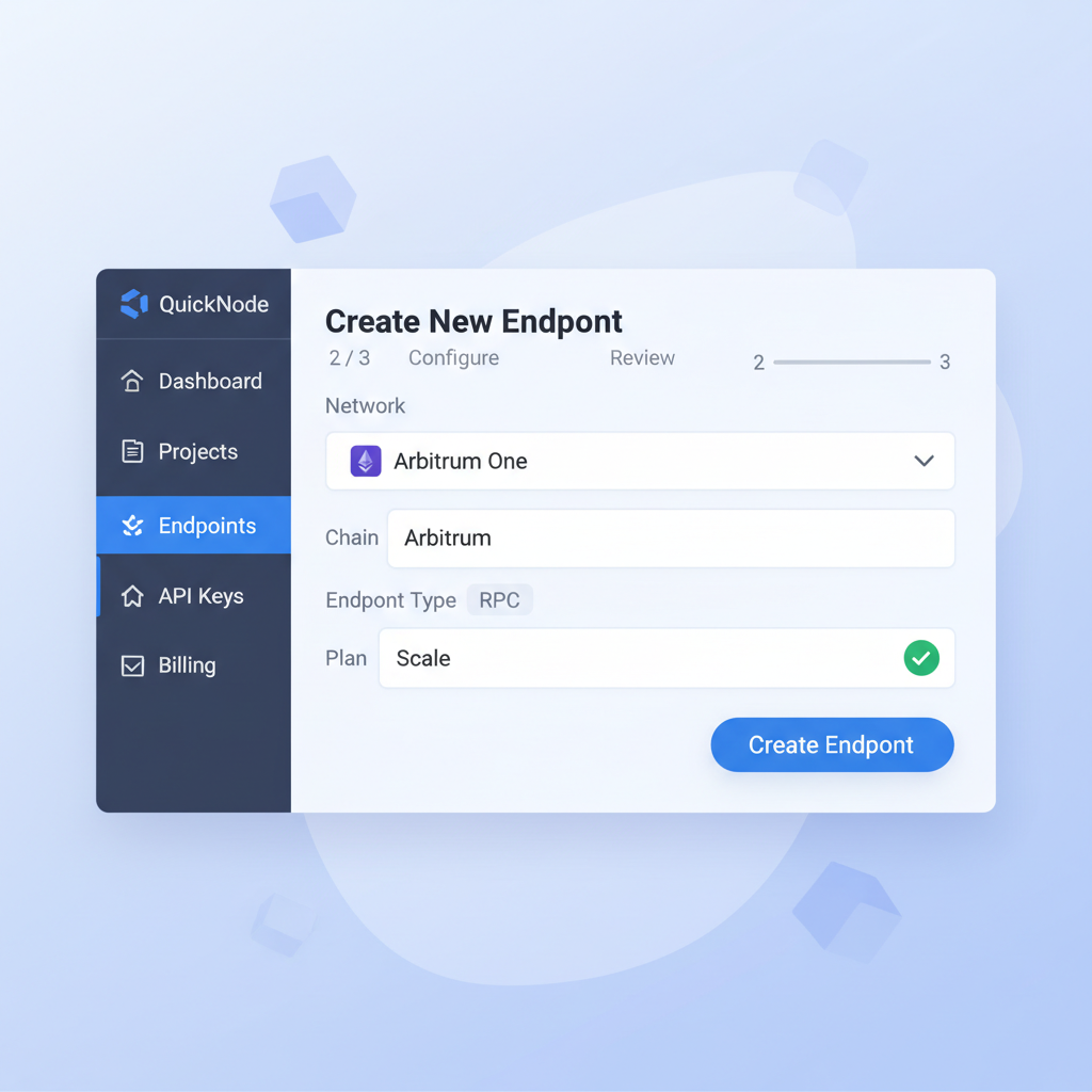 QuickNode dashboard creating Arbitrum RPC endpoint, professional UI