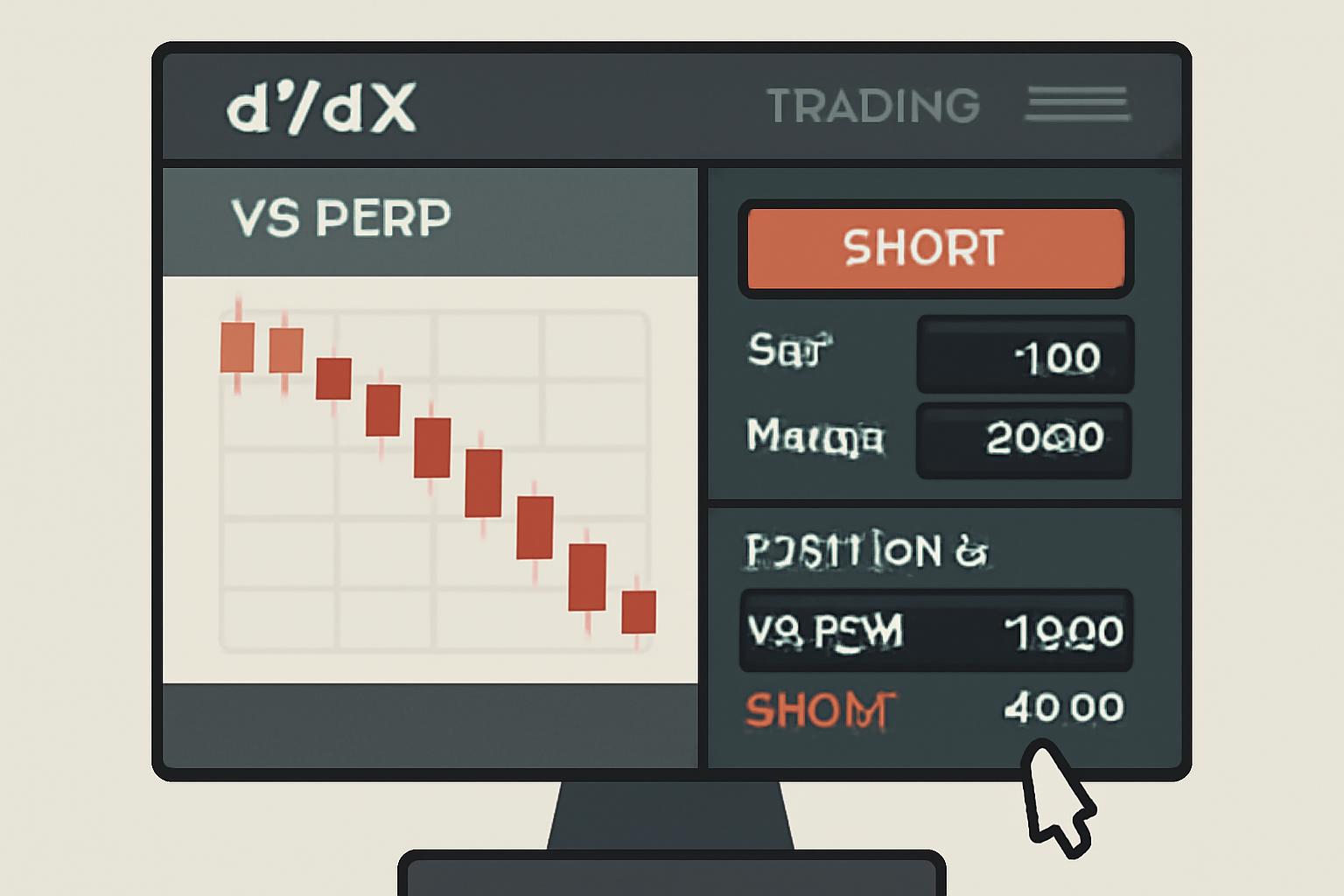 dYdX trading terminal shorting YB perps, red candles depegging, leveraged position open