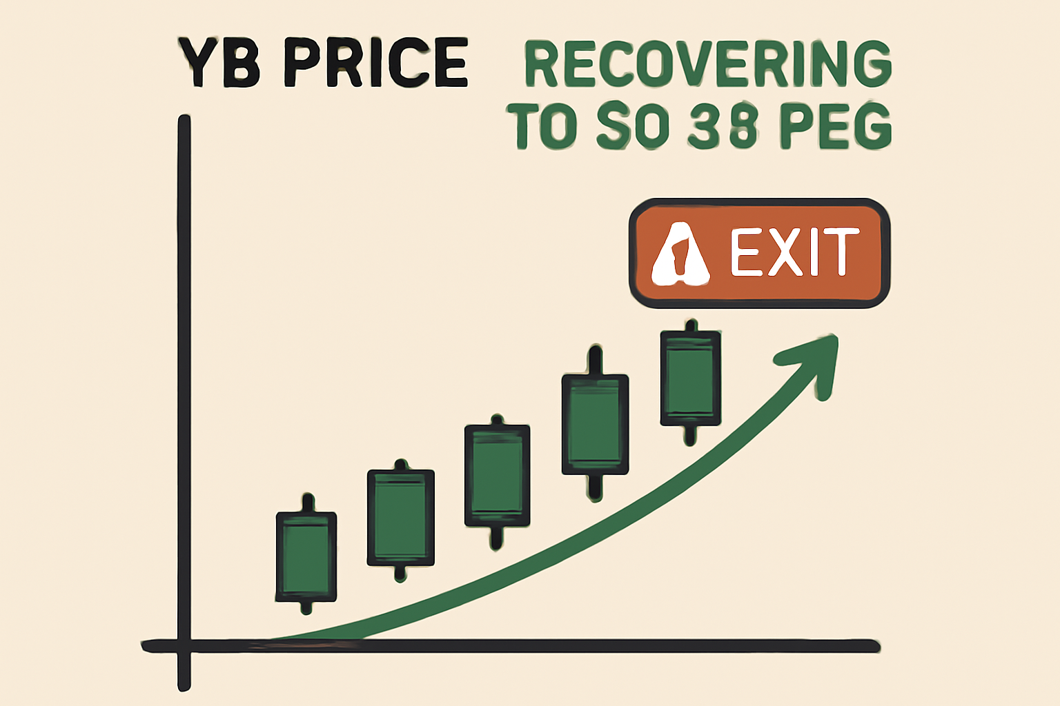 YB price chart recovering to $0.98 peg, green uptrend, exit signal flashing, bullish candles