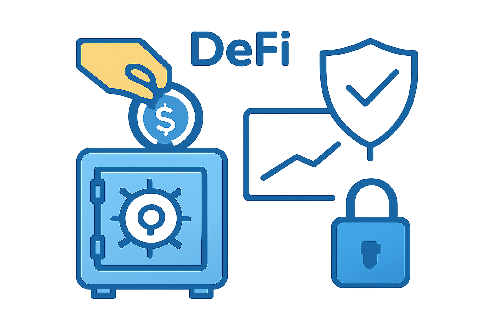 DeFi vault depositing USDC with insurance shield icon, yield graph stable, secure lock