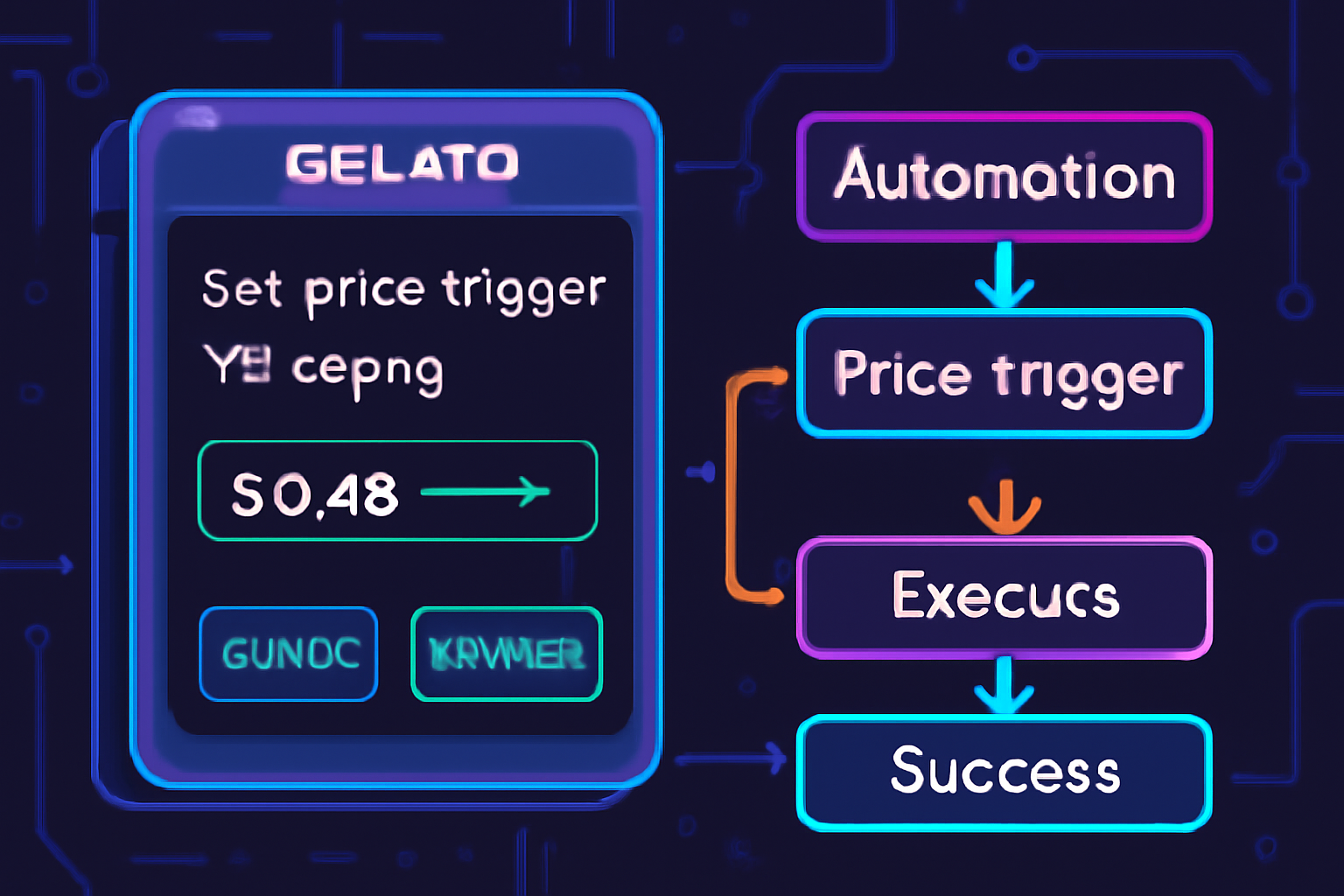 Gelato bot interface setting price trigger at $0.48 for YB depeg, automation flowchart, cyberpunk style