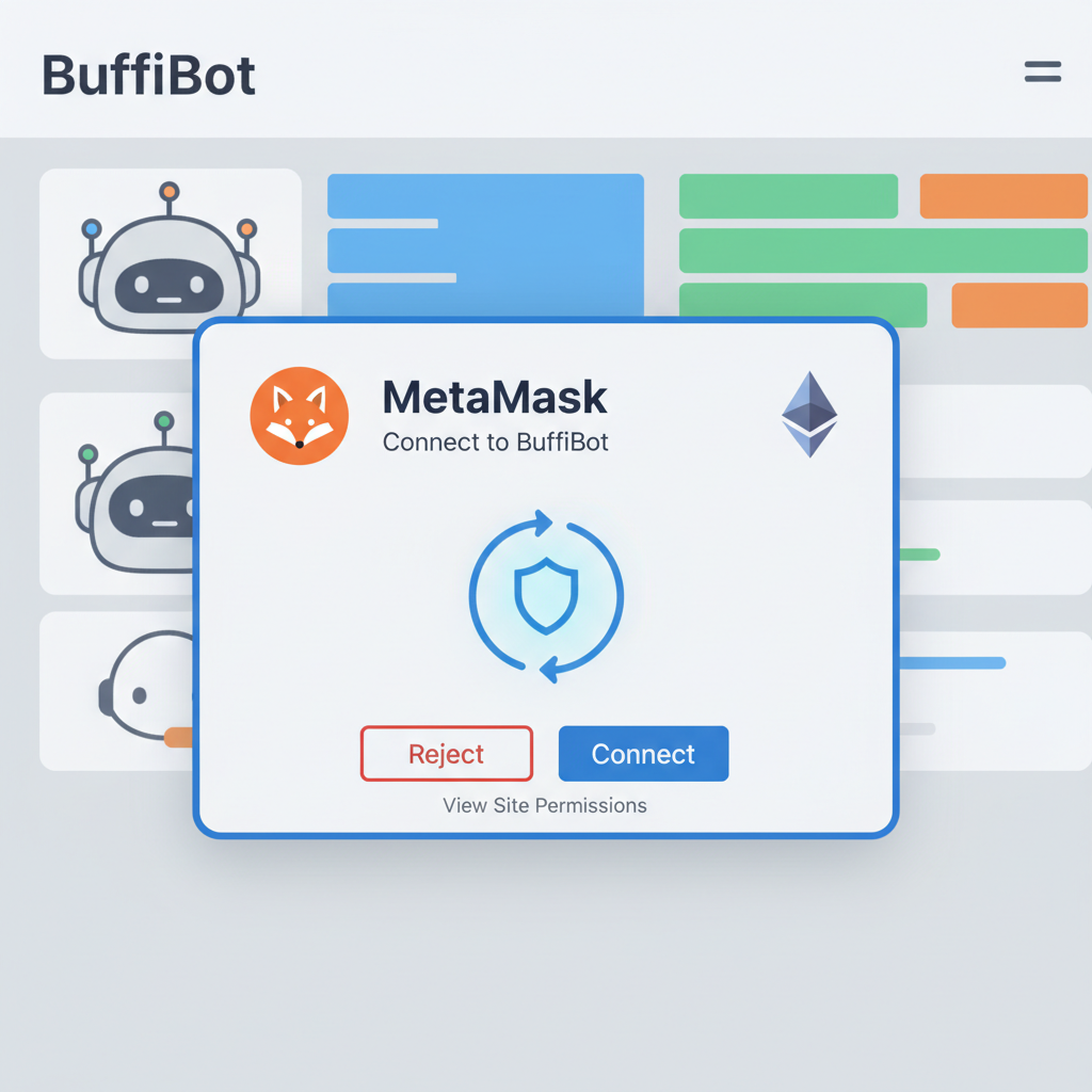 MetaMask wallet connection popup in BuffiBot interface, Ethereum logo, secure connection animation